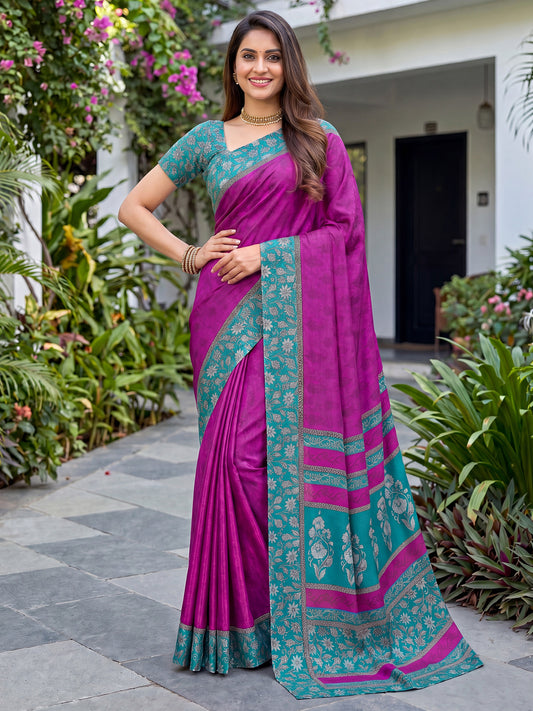 Magenta Pink Ethnic Floral & Block Print Crepe Saree