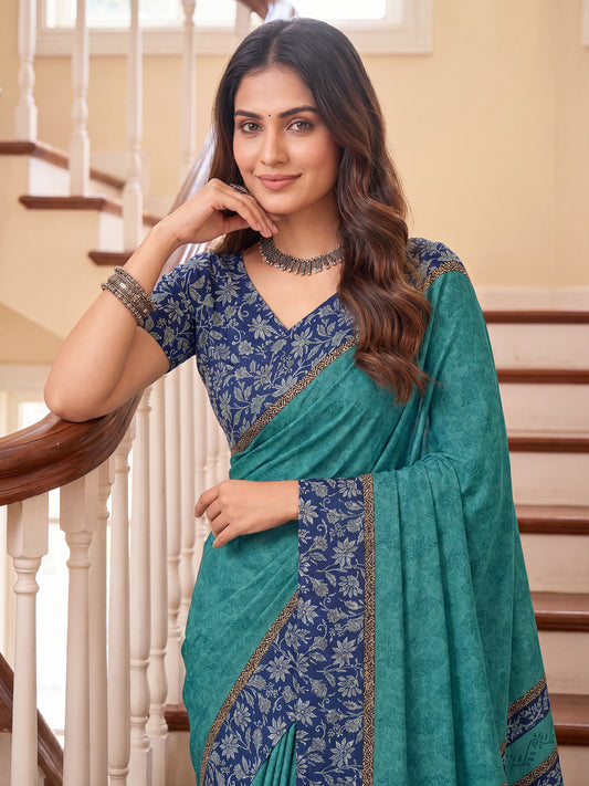 Teal Blue / Sea Green Ethnic Floral & Block Crepe Print