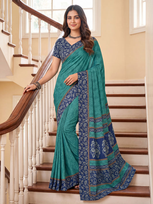 Teal Blue / Sea Green Ethnic Floral & Block Crepe Print
