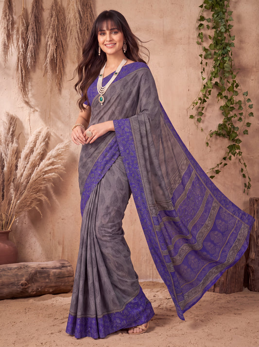 Chitralekha Grey Bagh Crepe Saree with Printed Border & Purple Blouse Piece