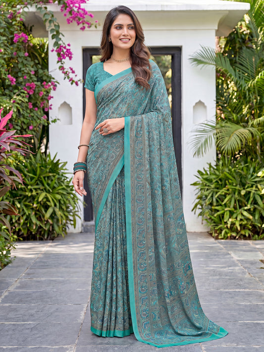 Sea Green Ethnic Paisley & Block Print Crepe Saree