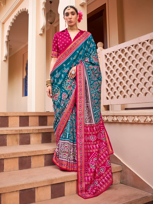 Teal & Pink Patola Style Silk Blend Saree