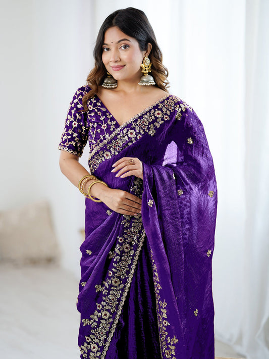 Royal Purple Embroidered Silk Saree