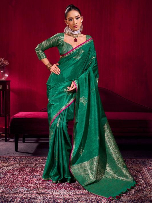 Green Tissue Silk Saree with Zari Stripes