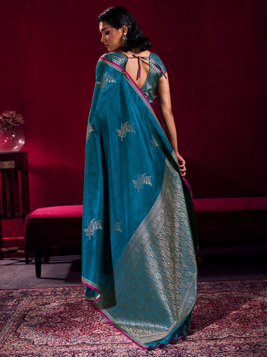 Teal Silk Saree with Zari Stripes