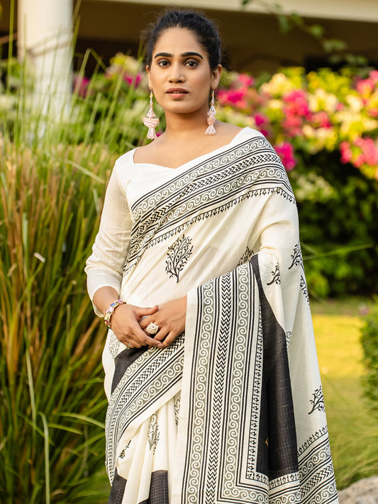 White & Black Bhagalpuri silk Casual Printed Saree