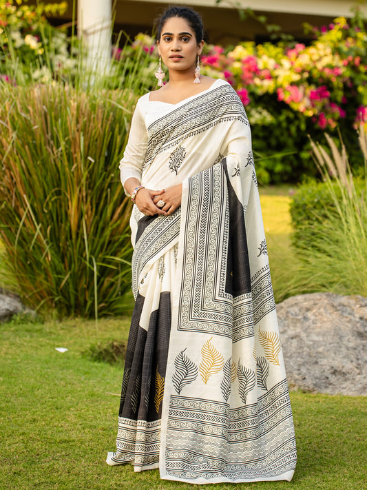 White & Black Bhagalpuri silk Casual Printed Saree