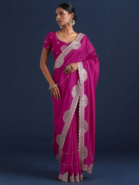 Magenta Silk Embroidered Saree with Lotus Motif & Blouse