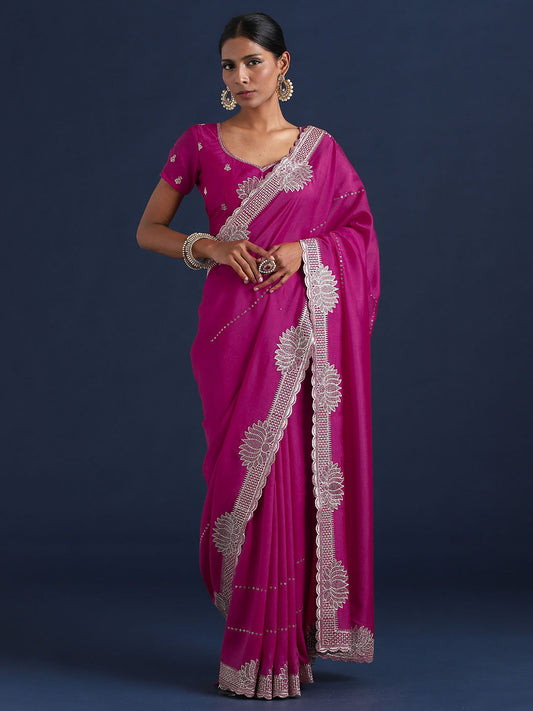 Magenta Silk Embroidered Saree with Lotus Motif & Blouse