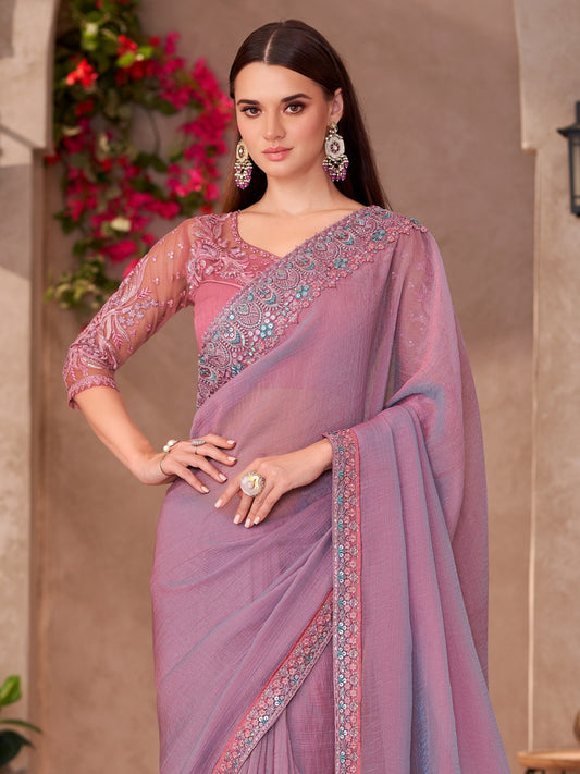 Georgette Mauve Embellished Designer Saree With Blouse Piece.