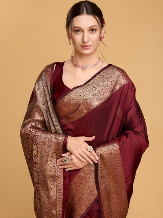 Maroon Banarasi Silk Saree with Gold Zari Border