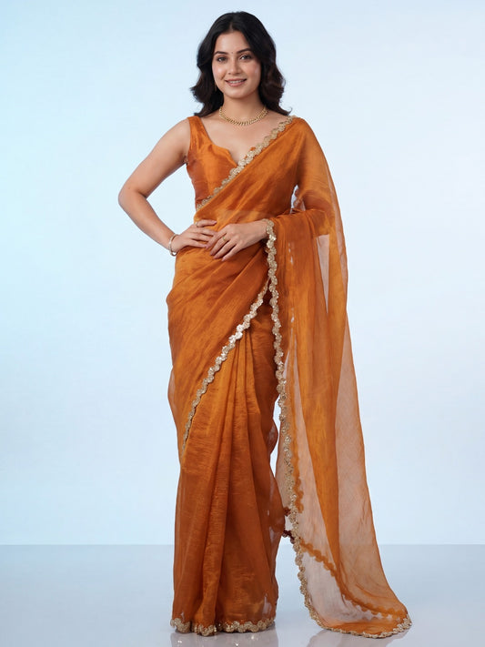 Mustard Yellow Chiffon with Gold Floral Lace Border