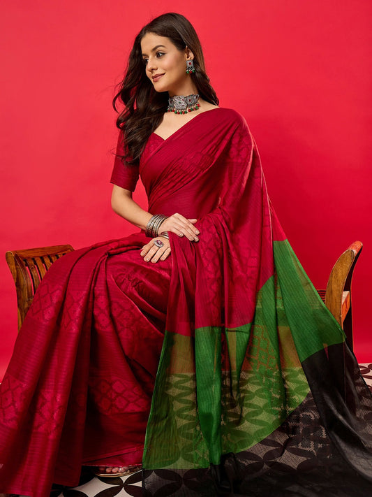 Crimson & Green Colour Block Cotton Saree