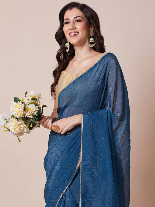 Teal Blue Chiffon Saree with All-Over Mukaish Sequin Work