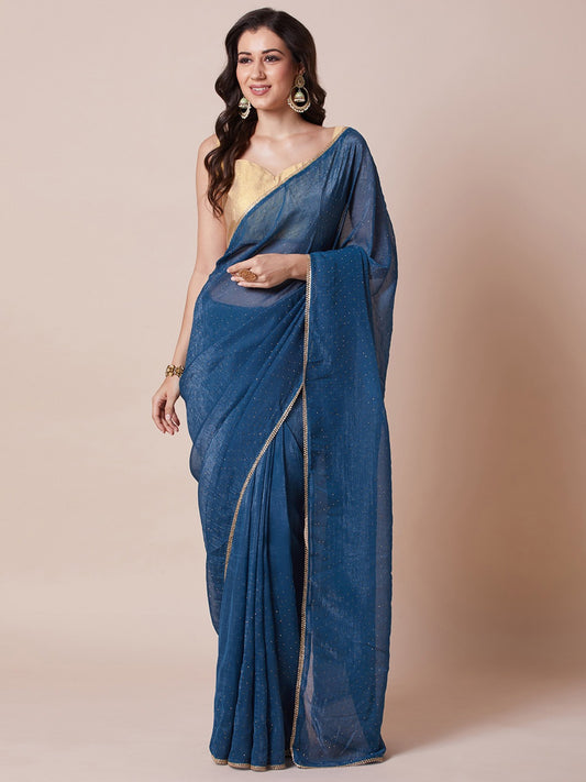 Teal Blue Chiffon Saree with All-Over Mukaish Sequin Work