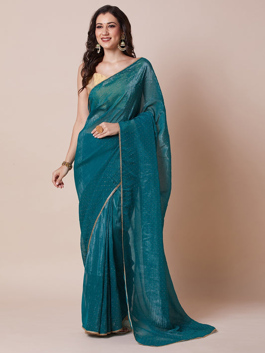 Teal Blue Shimmer Chiffon Saree