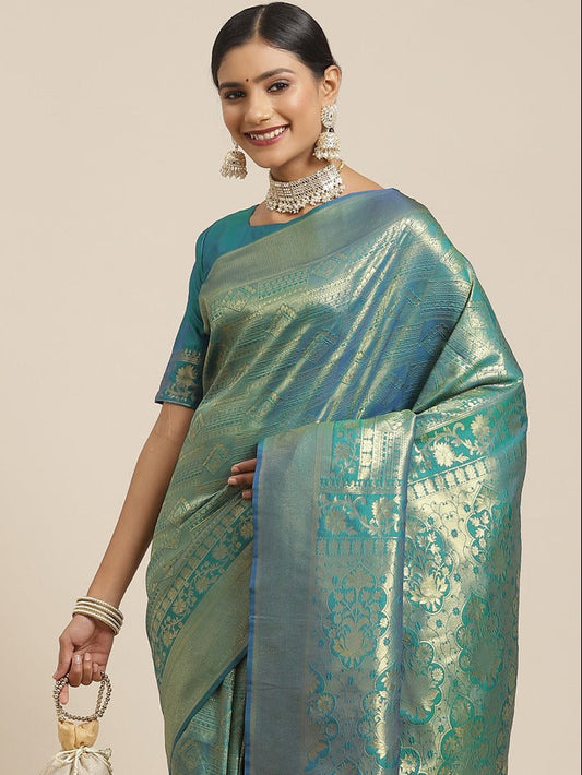 Teal Green Jari Woven Banarasi Saree