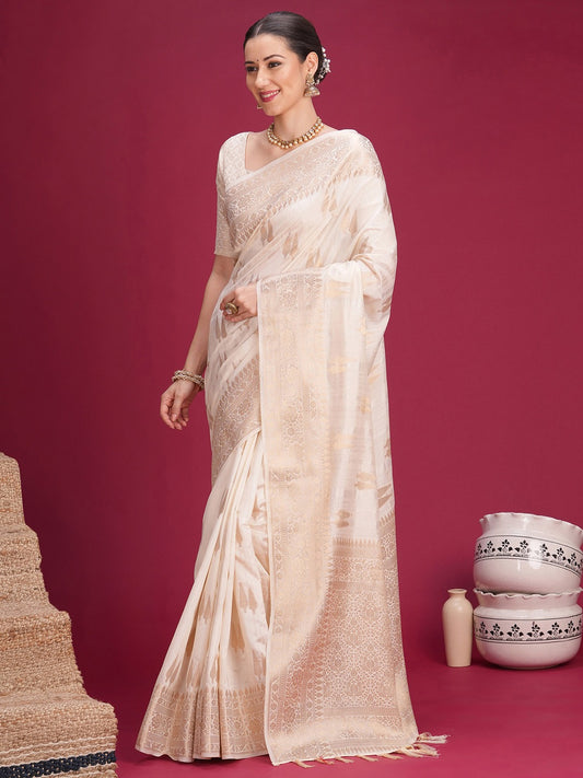 Off-White Cream Banarasi Silk Blend
