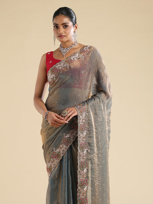Metallic Grey Rose Gold Satin Dupion Silk Saree