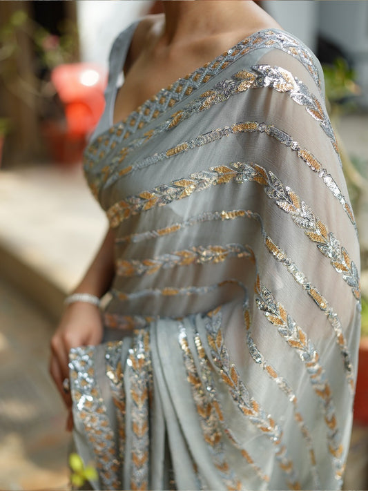 Silver Sequin Georgette Saree