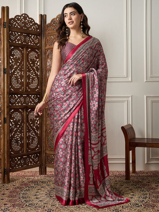Deep Crimson Red Gajji Silk Ajrakh Saree