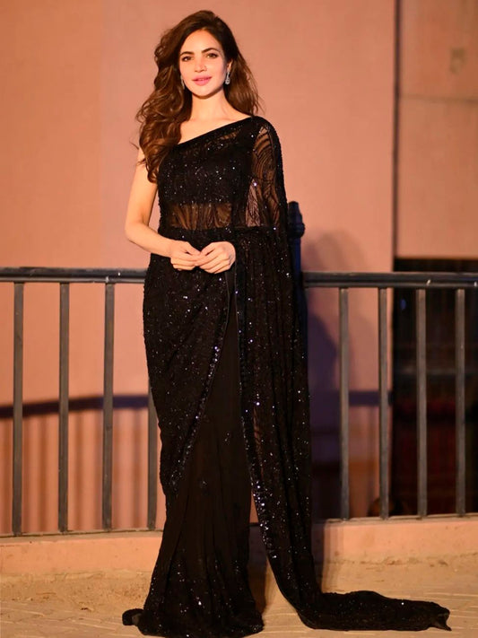 Jet Black Sheer Georgette Saree