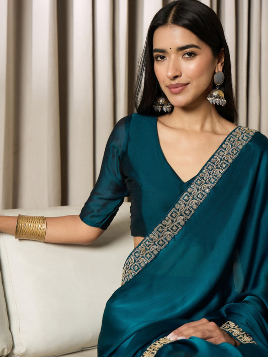Ready to Wear Teal Blue Satin Saree
