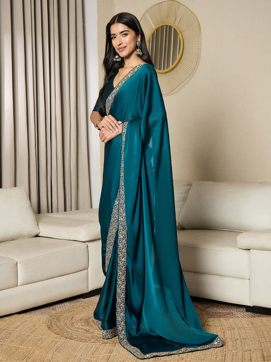Ready to Wear Teal Blue Satin Saree
