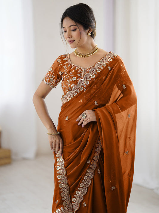 Rust Orange Embroidered Silk Saree
