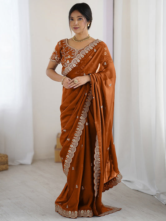 Rust Orange Embroidered Silk Saree