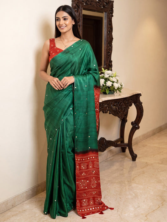 Forest Green Silk Saree with Red Embroidered Border