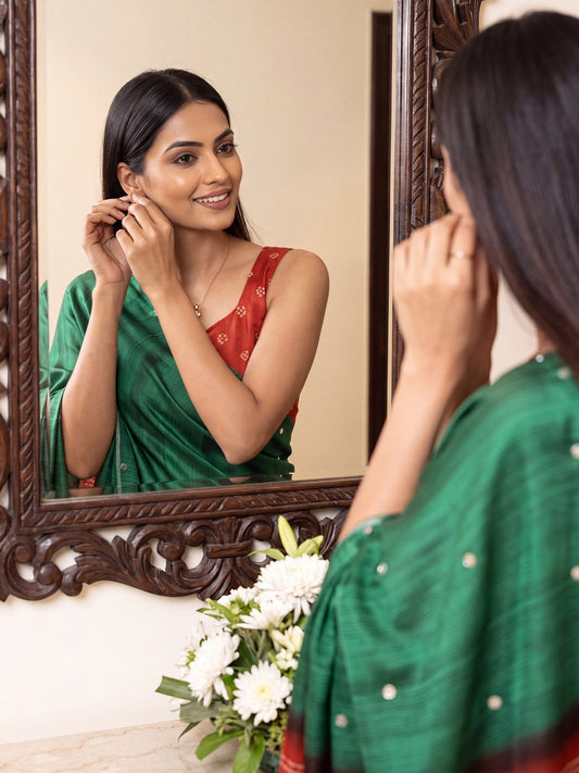 Forest Green Silk Saree with Red Embroidered Border