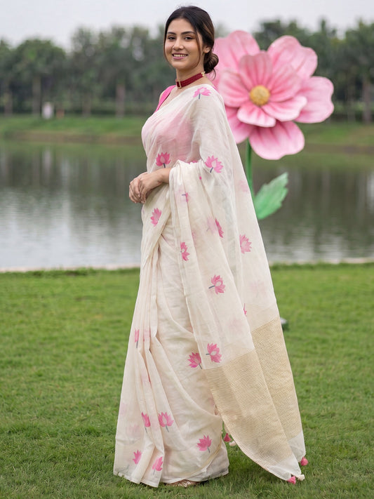 Off-White Linen Cotton Floral Printed Saree