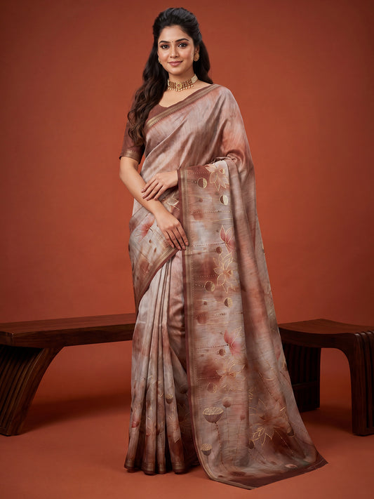 Light Brown Tussar Foil Print Saree