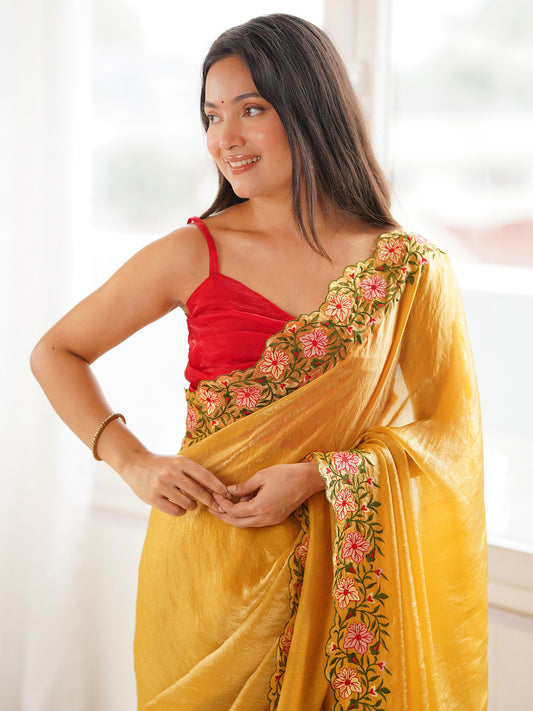 Mustard Yellow Embroidered Saree