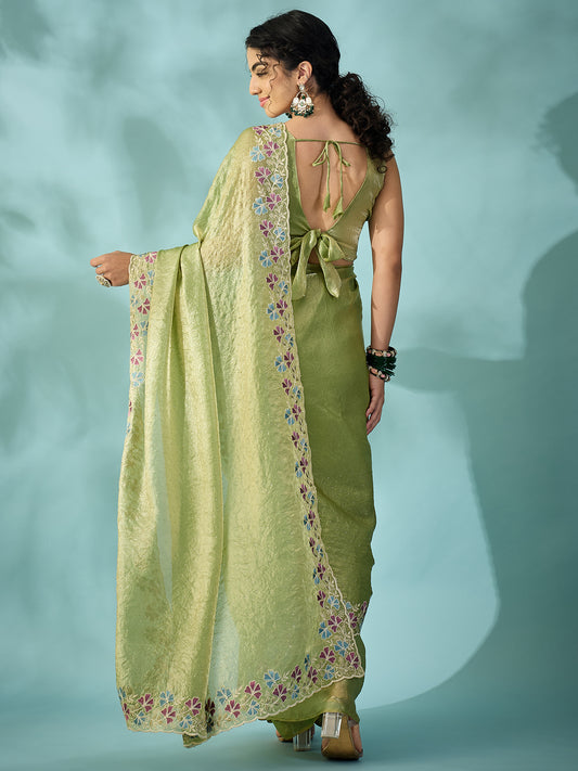 Light Green Tissue Silk Saree with Zari Stripes