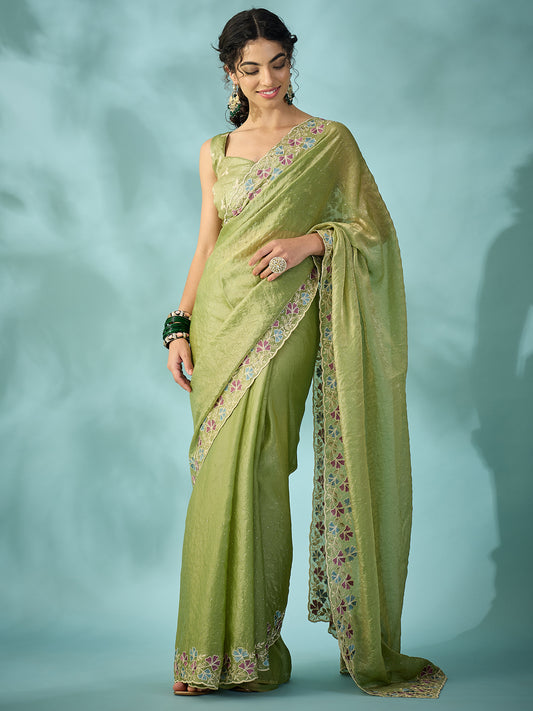 Light Green Tissue Silk Saree with Zari Stripes