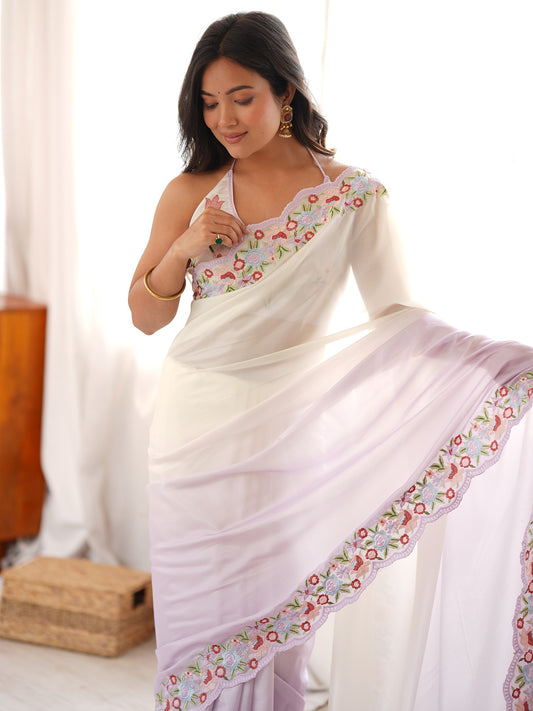 Off-White & Lavender Dual Shade Floral Resham Embroidery Satin Saree