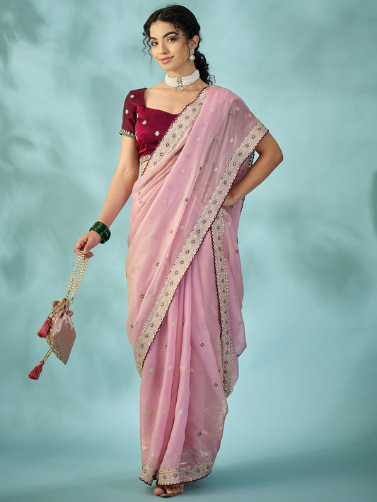 Light Pink Tissue Silk Saree with Zari Stripes