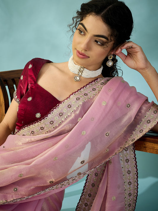 Light Pink Tissue Silk Saree with Zari Stripes