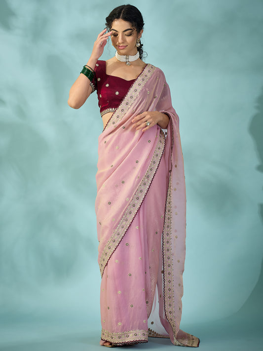Light Pink Tissue Silk Saree with Zari Stripes