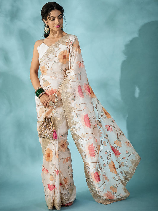 Off White Embroidered Party Wear Saree