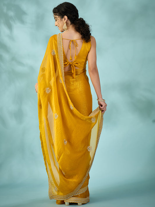 Yellow Tissue Silk Saree with Zari Stripes