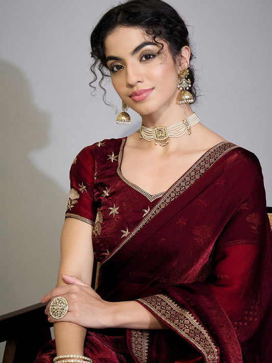 Maroon Satin Emblished Party Wear Saree
