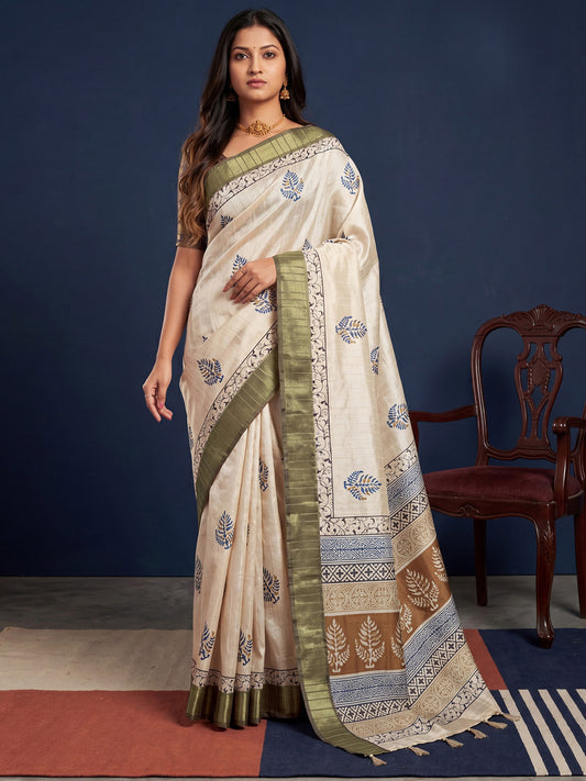 Off White &Olive Cotton Block Printed saree