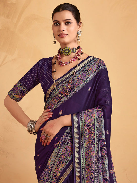 Royal Purple Georgette Printed Designer Saree