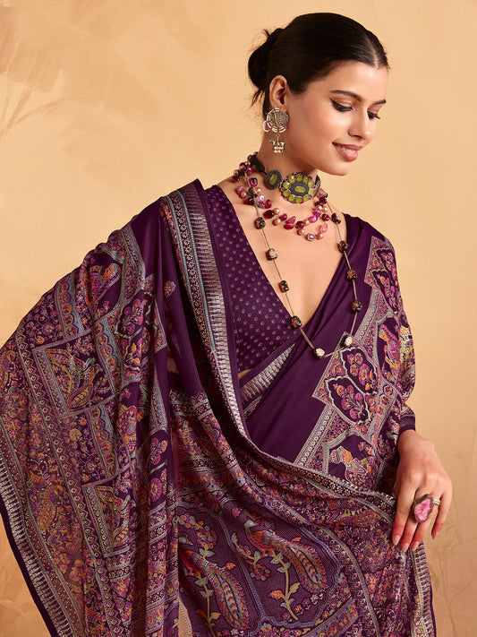 Wine Georgette Floral Printed Saree
