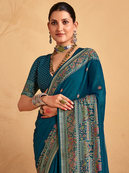 Teal Blue Georgette Printed Designer Saree Digital Floral Print