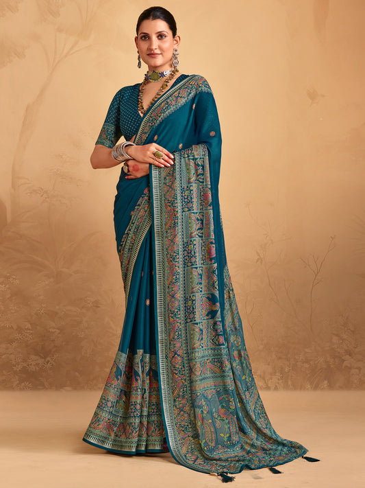 Teal Blue Georgette Printed Designer Saree Digital Floral Print
