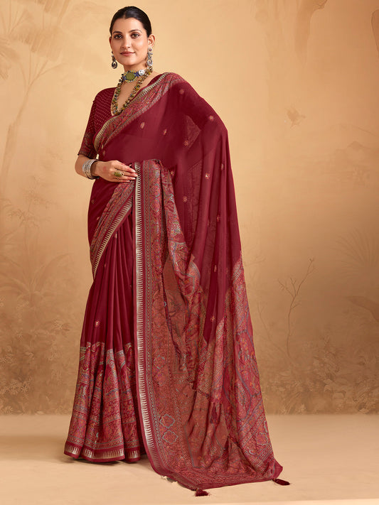 Maroon Georgette Designer Printed Border Saree